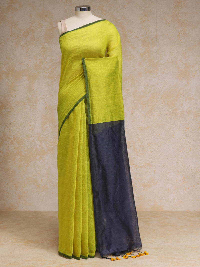 Lemon Yellow Cotton Saree With Pallu Tassel-Binks
