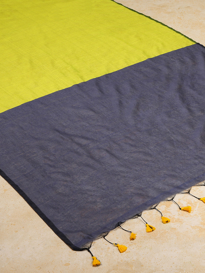 Lemon Yellow Cotton Saree With Pallu Tassel-Binks