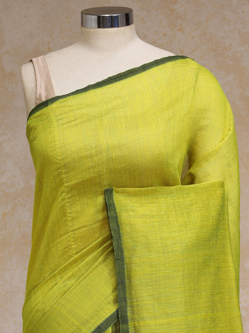 Lemon Yellow Cotton Saree With Pallu Tassel-Binks
