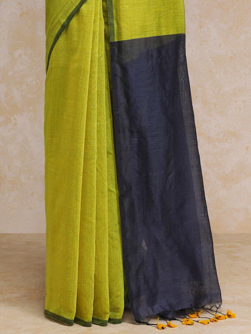 Lemon Yellow Cotton Saree With Pallu Tassel-Binks