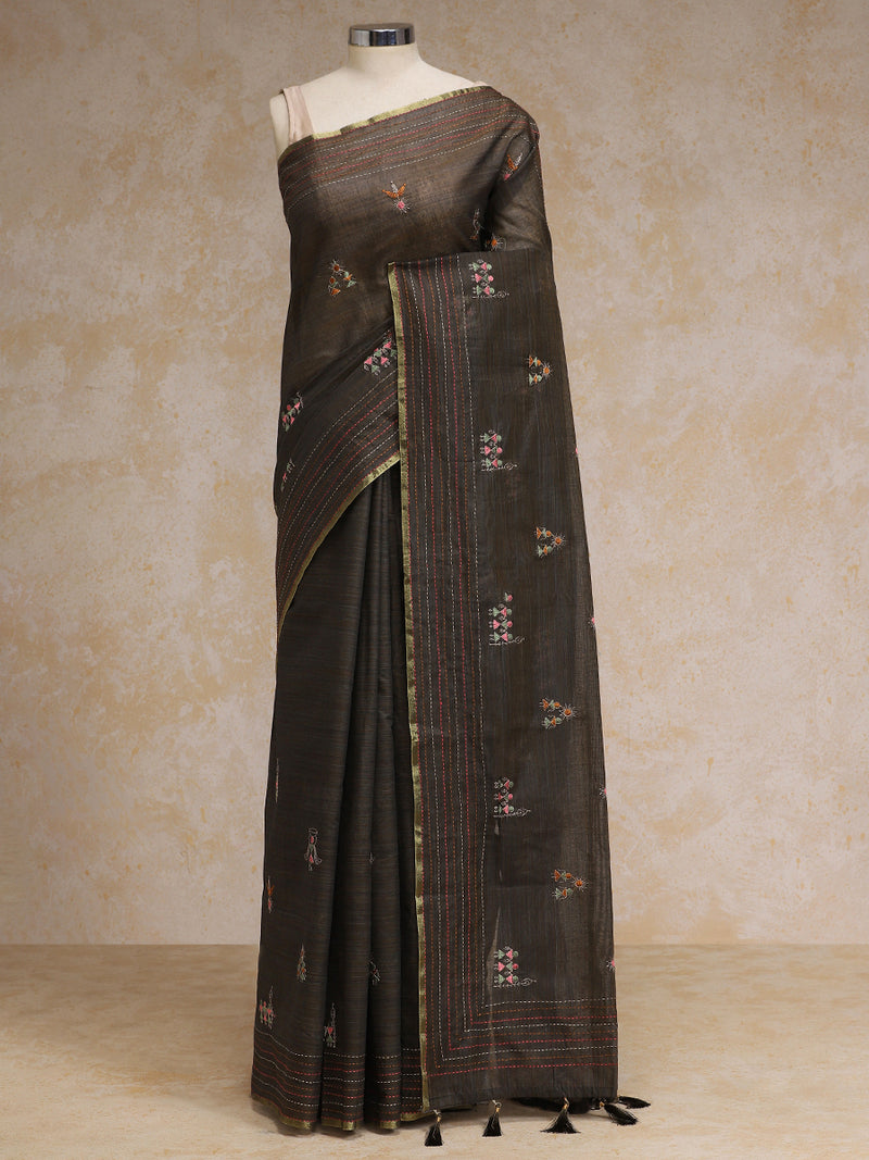 Muted Brown Kantha Embroidered Cotton Saree-Binks
