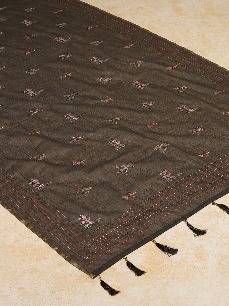 Muted Brown Kantha Embroidered Cotton Saree-Binks