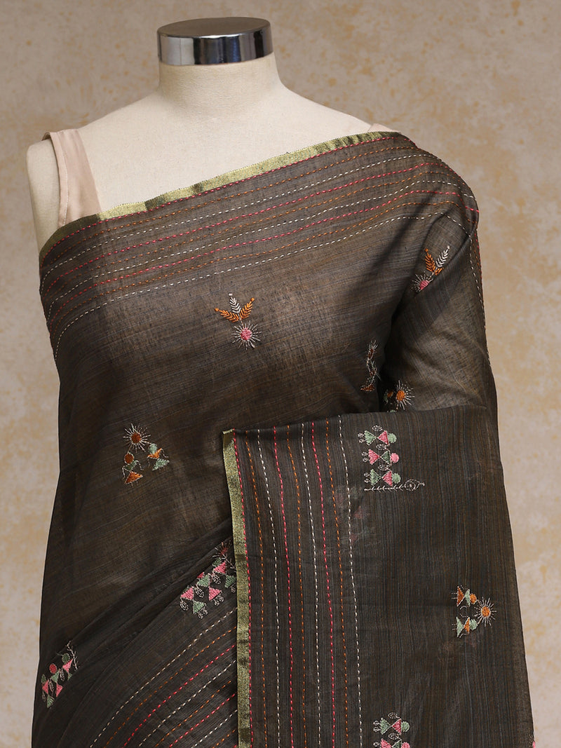 Muted Brown Kantha Embroidered Cotton Saree-Binks