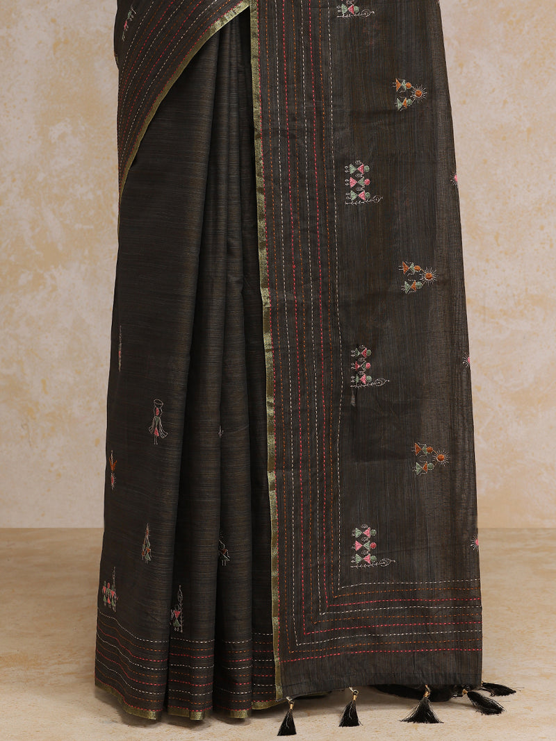 Muted Brown Kantha Embroidered Cotton Saree-Binks