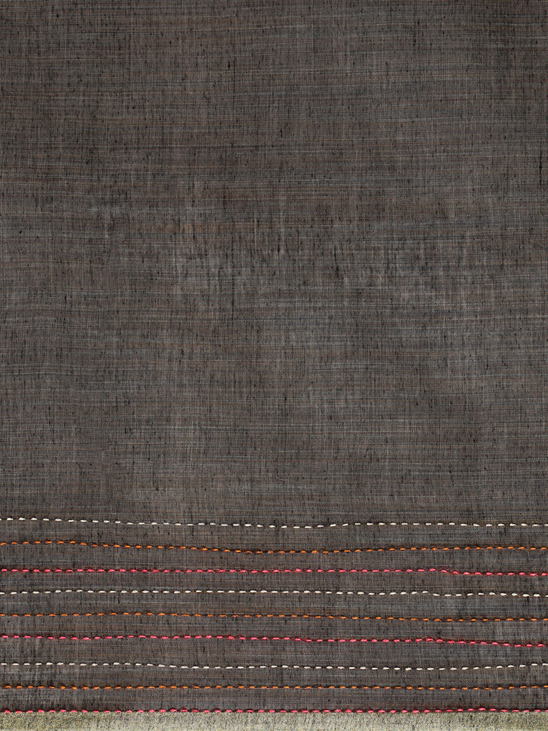 Muted Brown Kantha Embroidered Cotton Saree-Binks