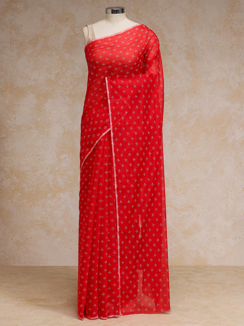 Poppy Orange Red Cotton Saree With White Butti Print-Binks