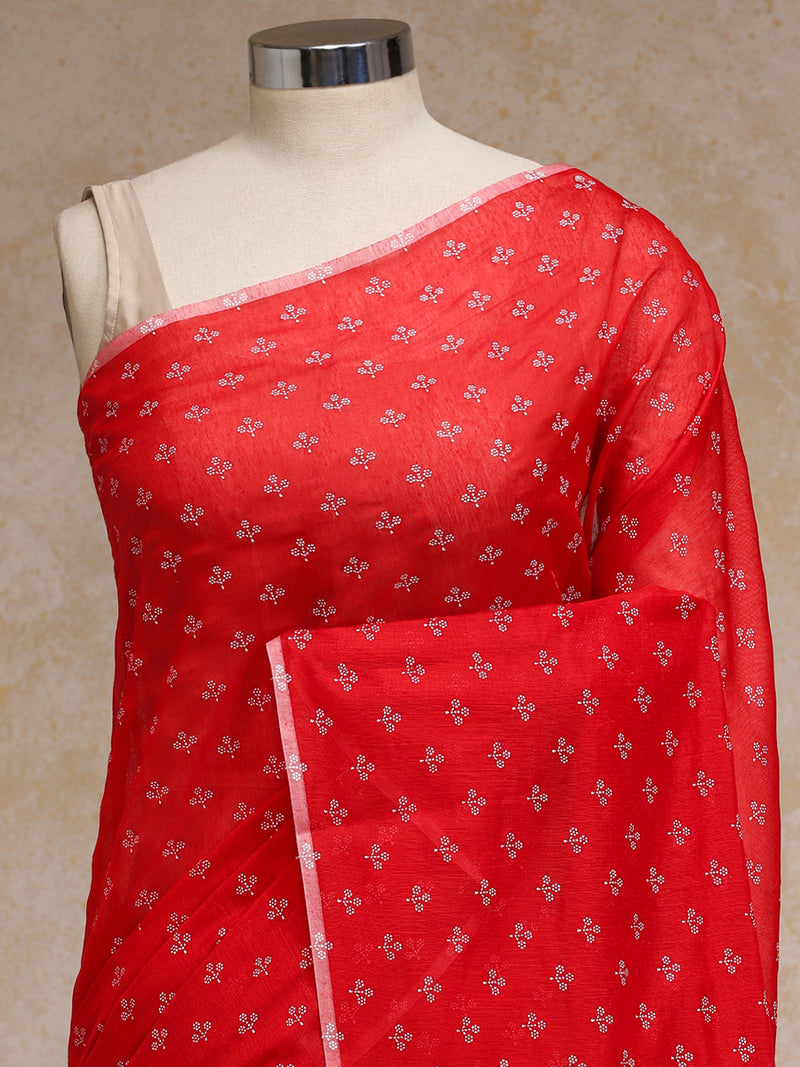 Poppy Orange Red Cotton Saree With White Butti Print-Binks