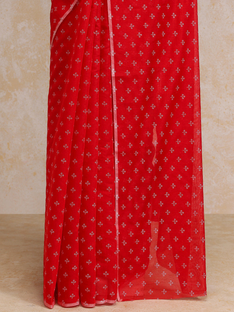 Poppy Orange Red Cotton Saree With White Butti Print-Binks