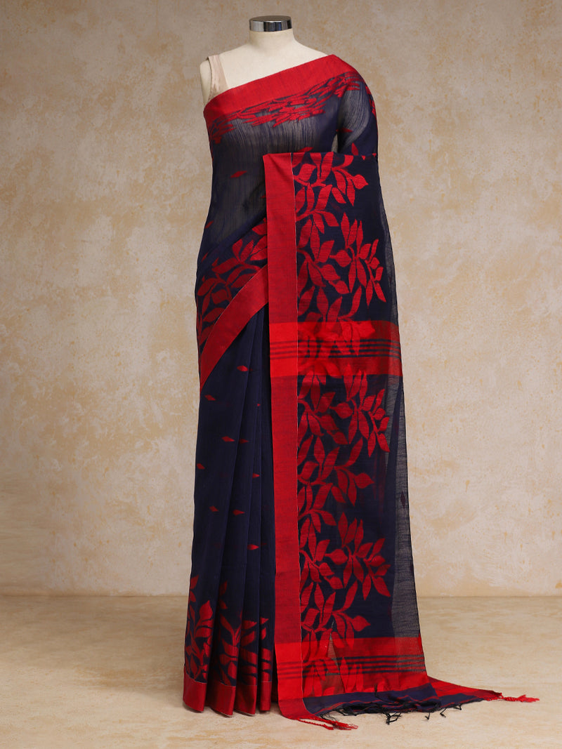 Midnight Blue Woven Floral Pattern Cotton Saree-Binks
