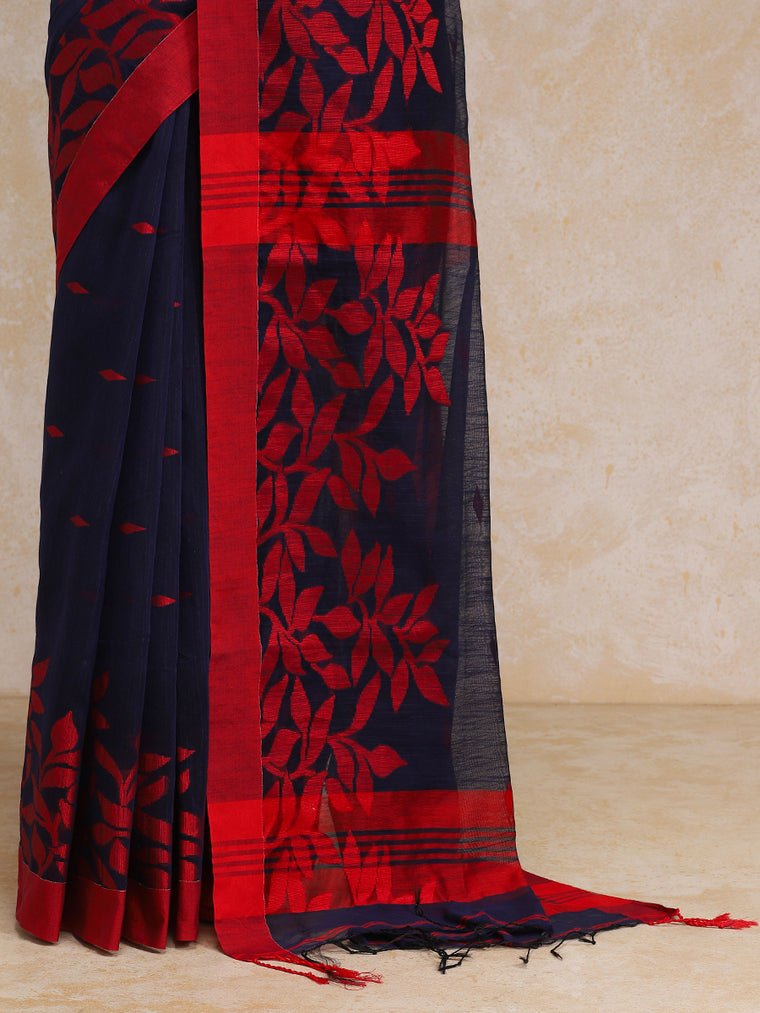 Midnight Blue Woven Floral Pattern Cotton Saree, in Blue Cotton, made for party & festive (view 2).
