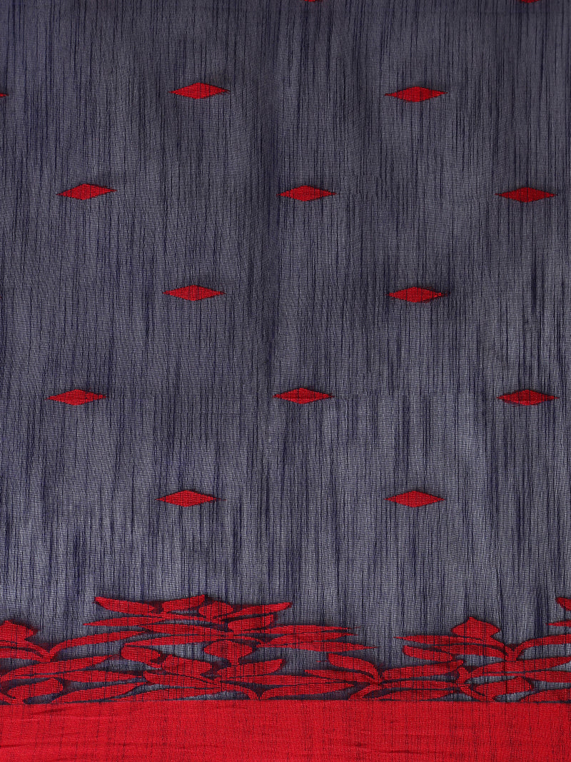 Midnight Blue Woven Floral Pattern Cotton Saree-Binks