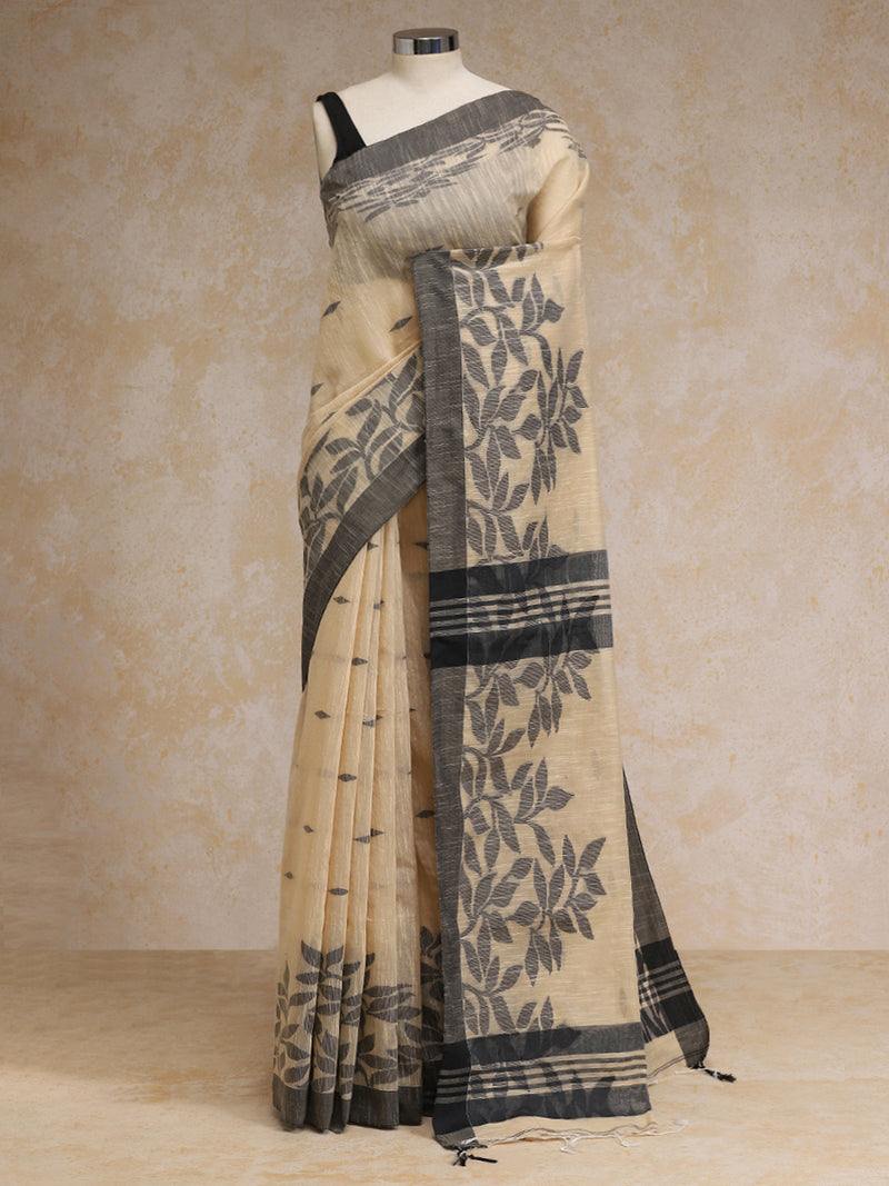 Soft Ivory Beige Woven Floral Pattern Cotton Saree-Binks