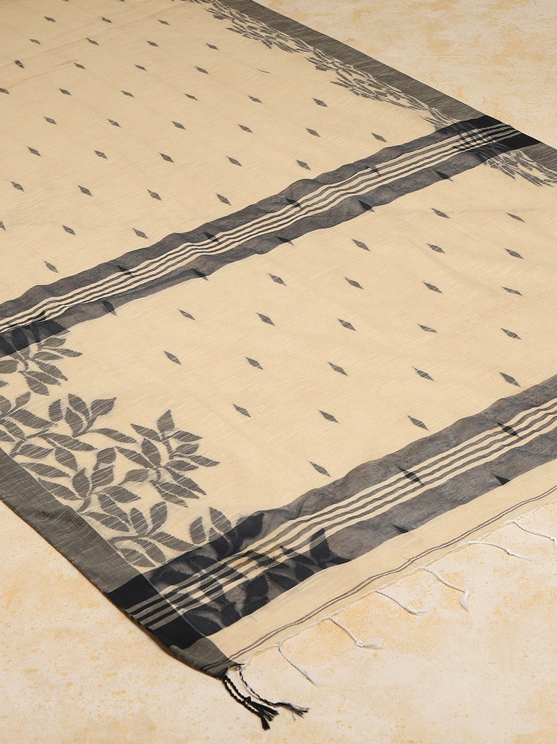 Soft Ivory Beige Woven Floral Pattern Cotton Saree-Binks