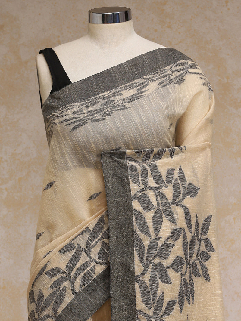 Soft Ivory Beige Woven Floral Pattern Cotton Saree-Binks