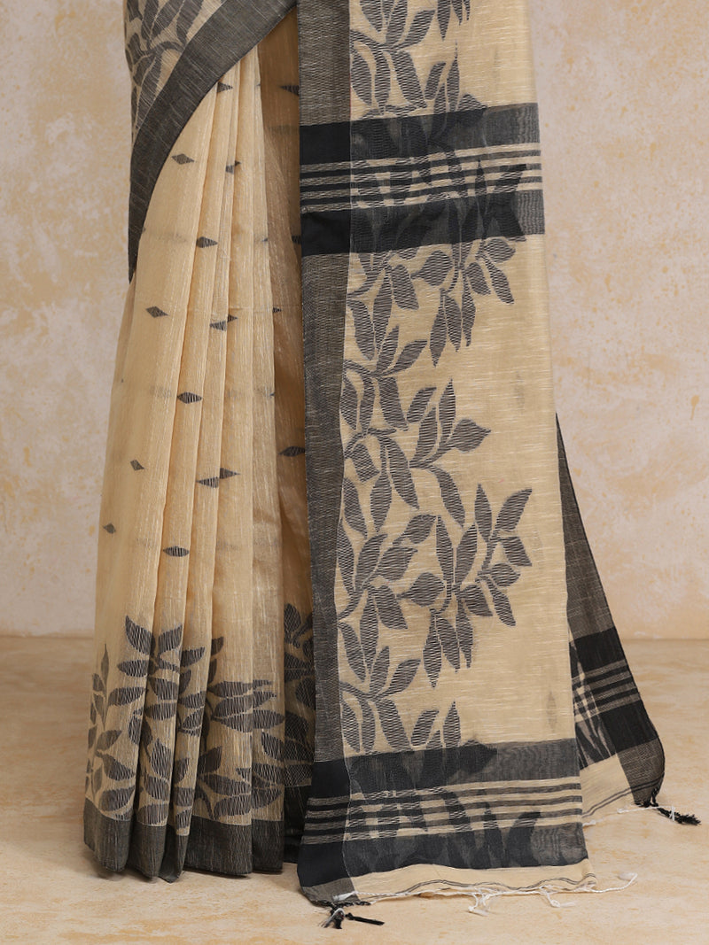 Soft Ivory Beige Woven Floral Pattern Cotton Saree-Binks