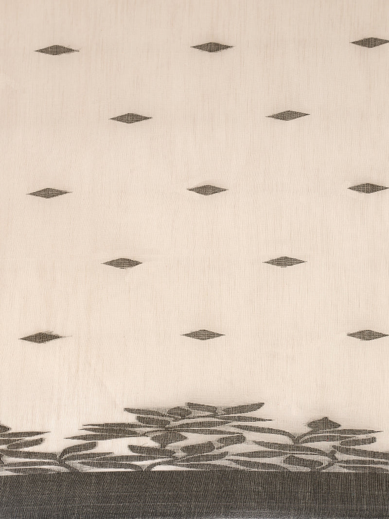 Soft Ivory Beige Woven Floral Pattern Cotton Saree-Binks