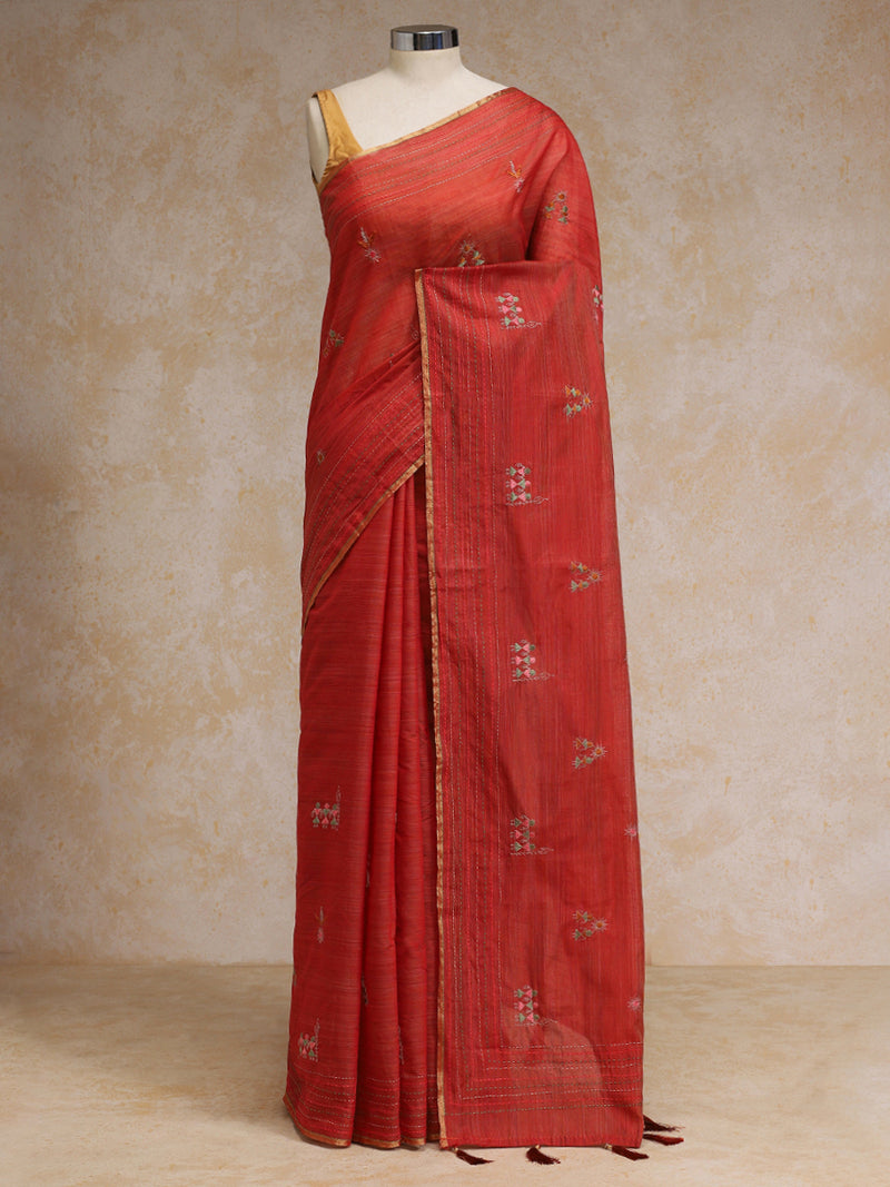 Terracotta Red Kantha Embroidered Cotton Saree-Binks