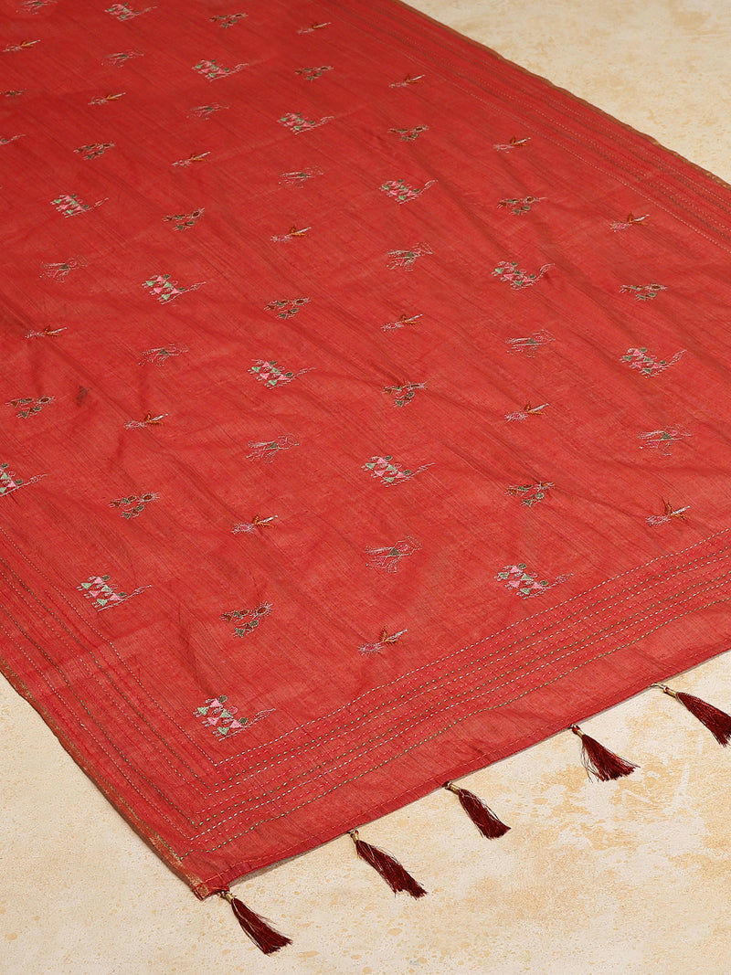 Terracotta Red Kantha Embroidered Cotton Saree-Binks