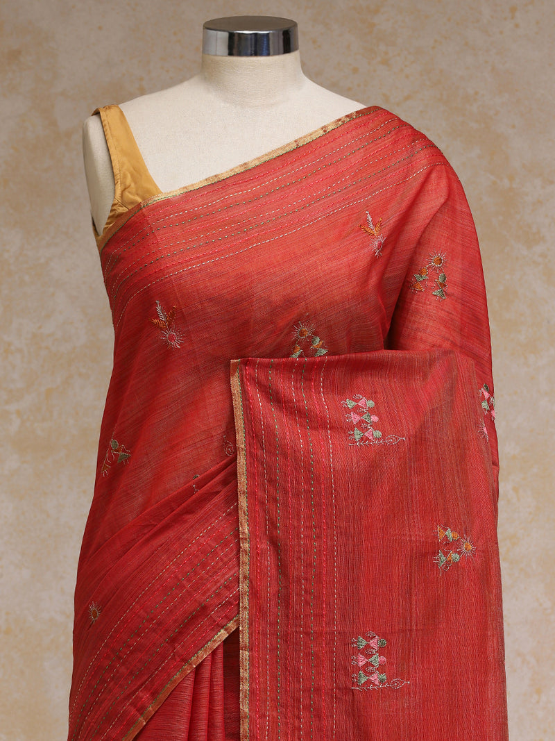 Terracotta Red Kantha Embroidered Cotton Saree-Binks