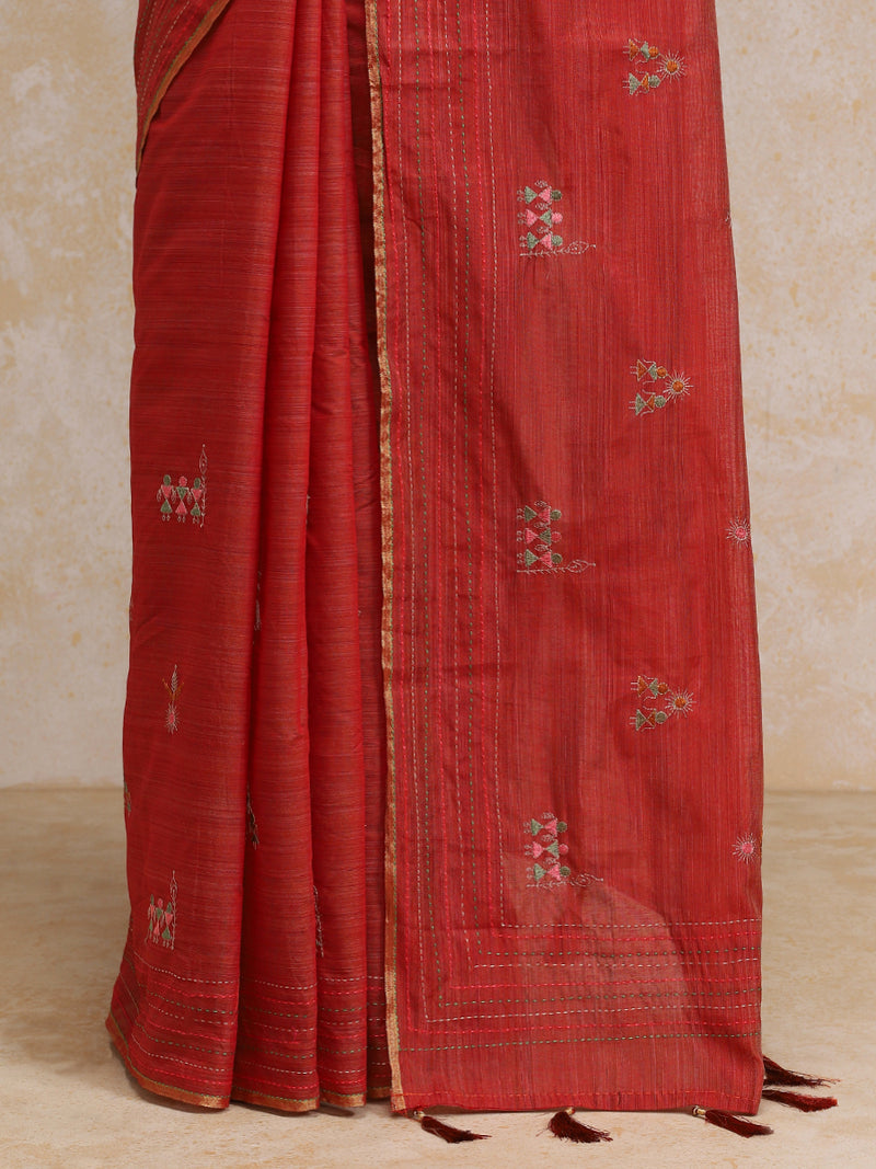 Terracotta Red Kantha Embroidered Cotton Saree-Binks