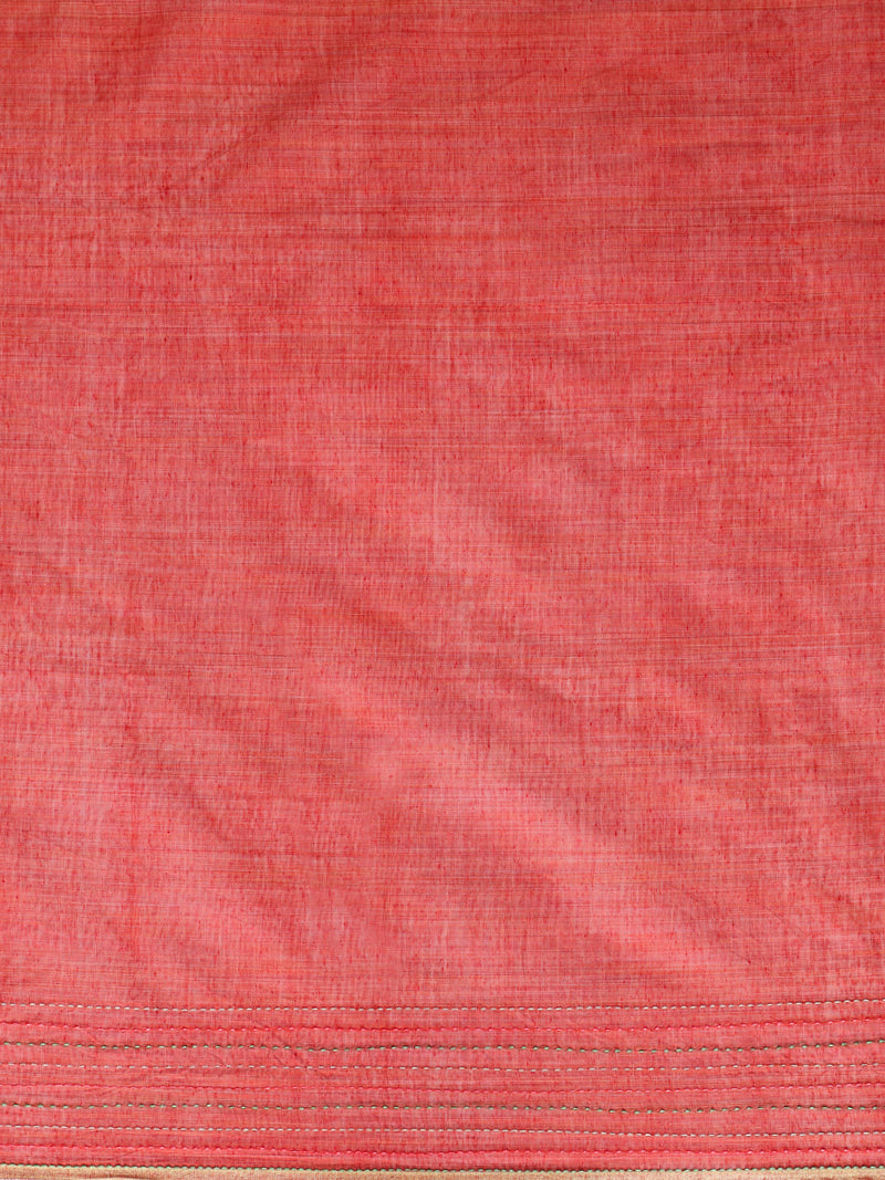 Terracotta Red Kantha Embroidered Cotton Saree-Binks