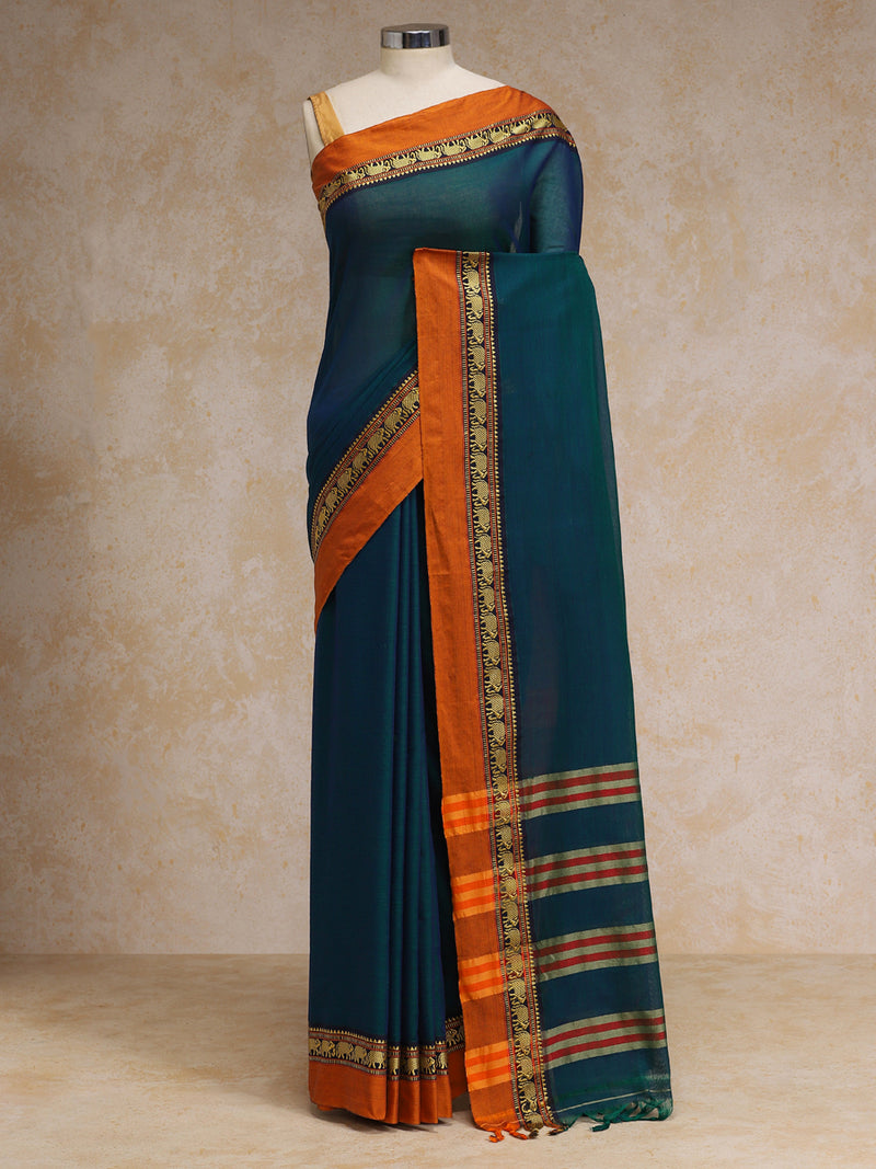 Peacock Green Elephant Border Handloom Cotton Narayanpet Saree-Binks