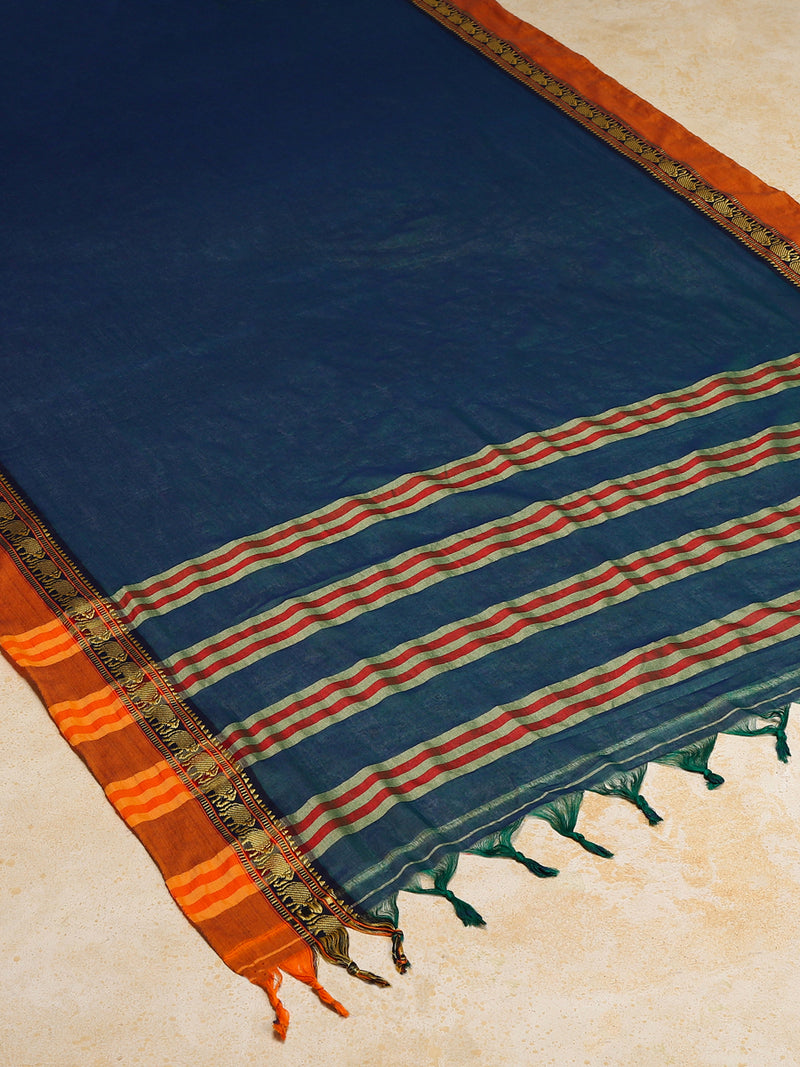 Peacock Green Elephant Border Handloom Cotton Narayanpet Saree-Binks