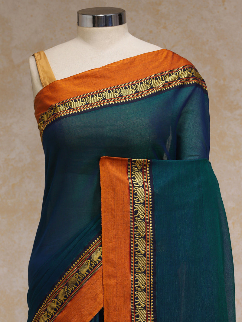 Peacock Green Elephant Border Handloom Cotton Narayanpet Saree-Binks