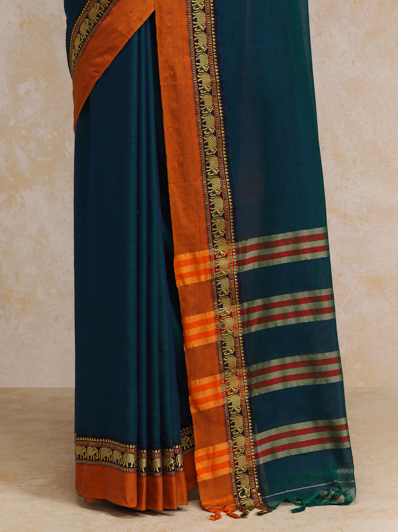 Peacock Green Elephant Border Handloom Cotton Narayanpet Saree-Binks