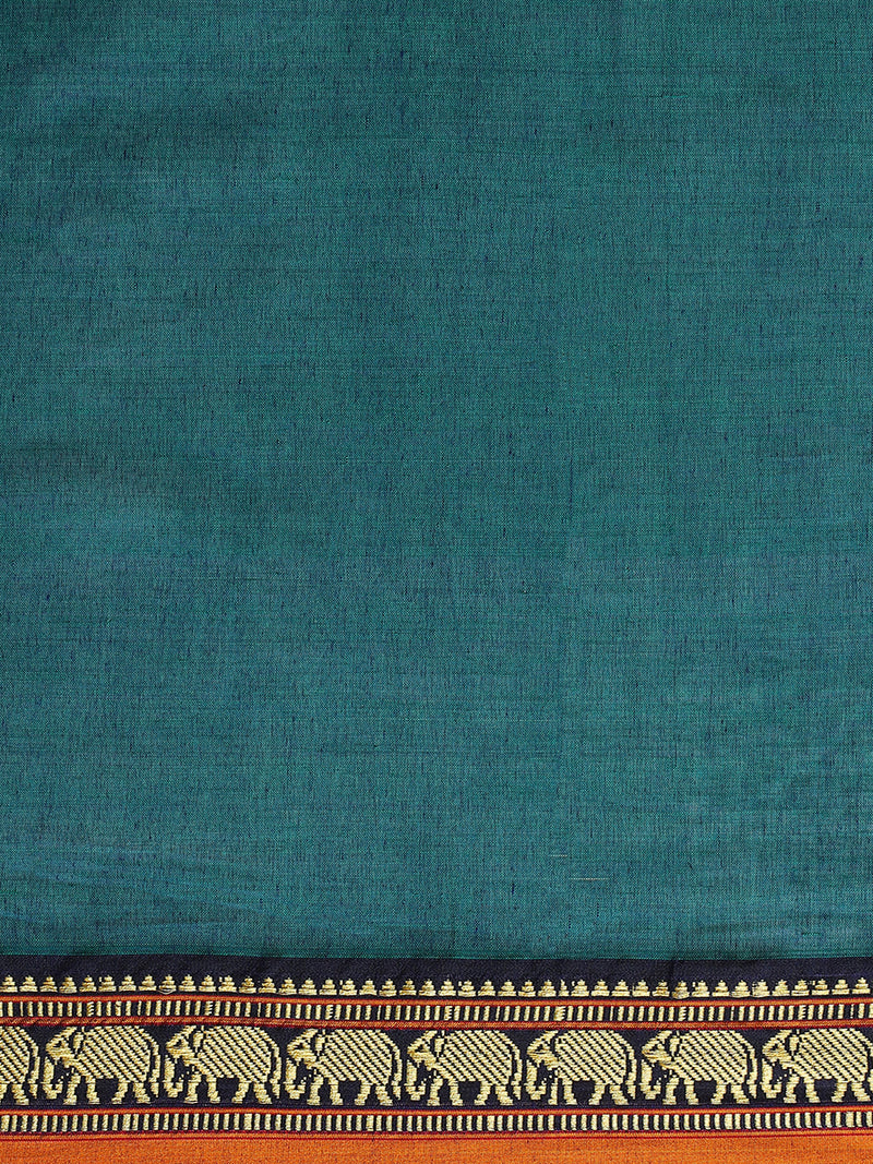 Peacock Green Elephant Border Handloom Cotton Narayanpet Saree-Binks