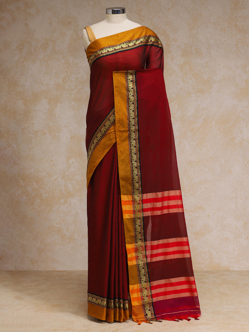 Maroon Wine Elephant Border Handloom Cotton Narayanpet Saree-Binks