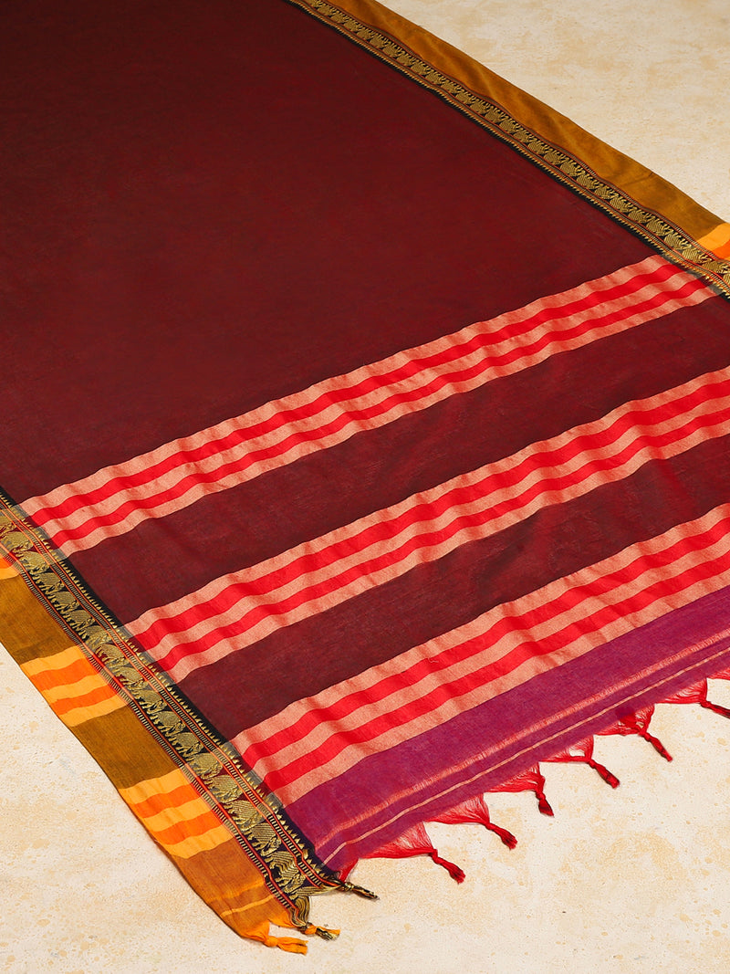 Maroon Wine Elephant Border Handloom Cotton Narayanpet Saree-Binks