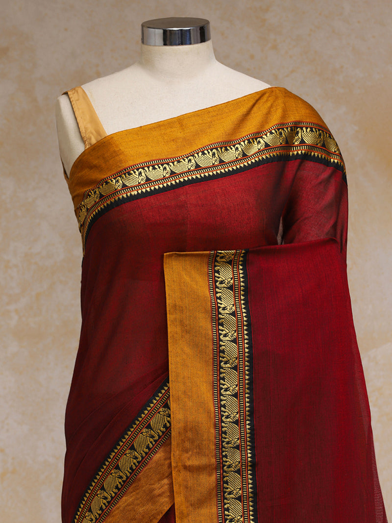 Maroon Wine Elephant Border Handloom Cotton Narayanpet Saree-Binks