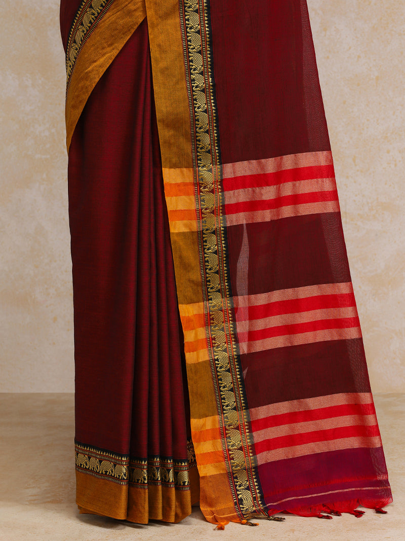 Maroon Wine Elephant Border Handloom Cotton Narayanpet Saree-Binks