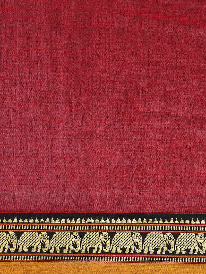 Maroon Wine Elephant Border Handloom Cotton Narayanpet Saree-Binks