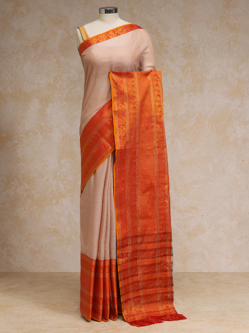 Sand Beige Big Border Handloom Cotton Narayanpet Saree-Binks
