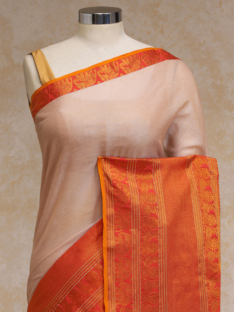 Sand Beige Big Border Handloom Cotton Narayanpet Saree-Binks