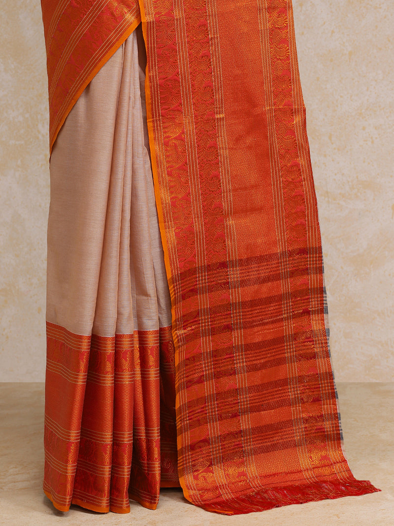 Sand Beige Big Border Handloom Cotton Narayanpet Saree-Binks