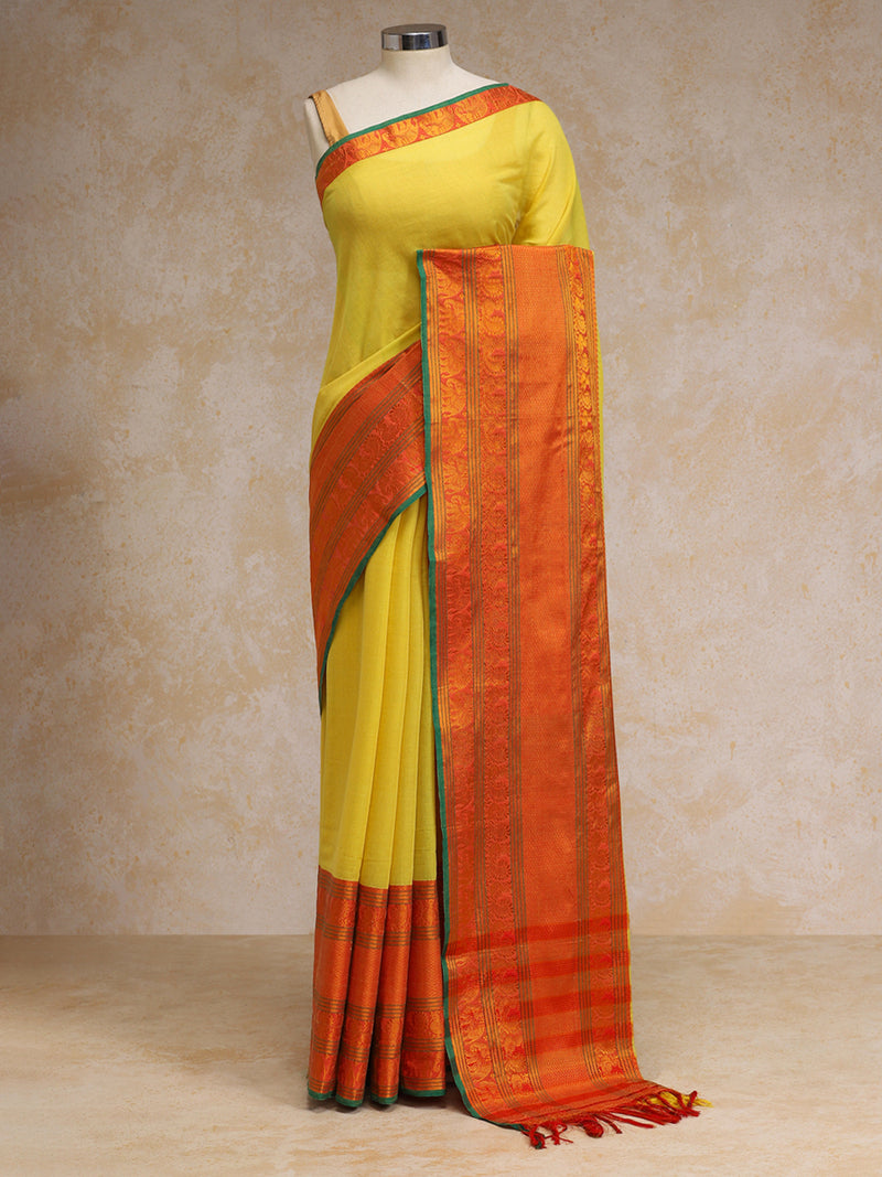Turmeric Yellow Big Border Handloom Cotton Narayanpet Saree-Binks