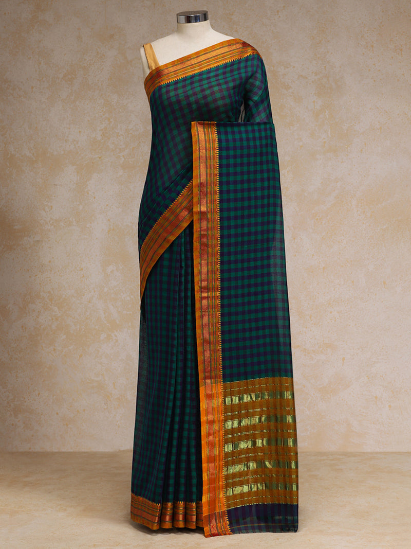 Forest Green Check Cotton Silk Kanchi Chettinad Saree With Zari Border-Binks