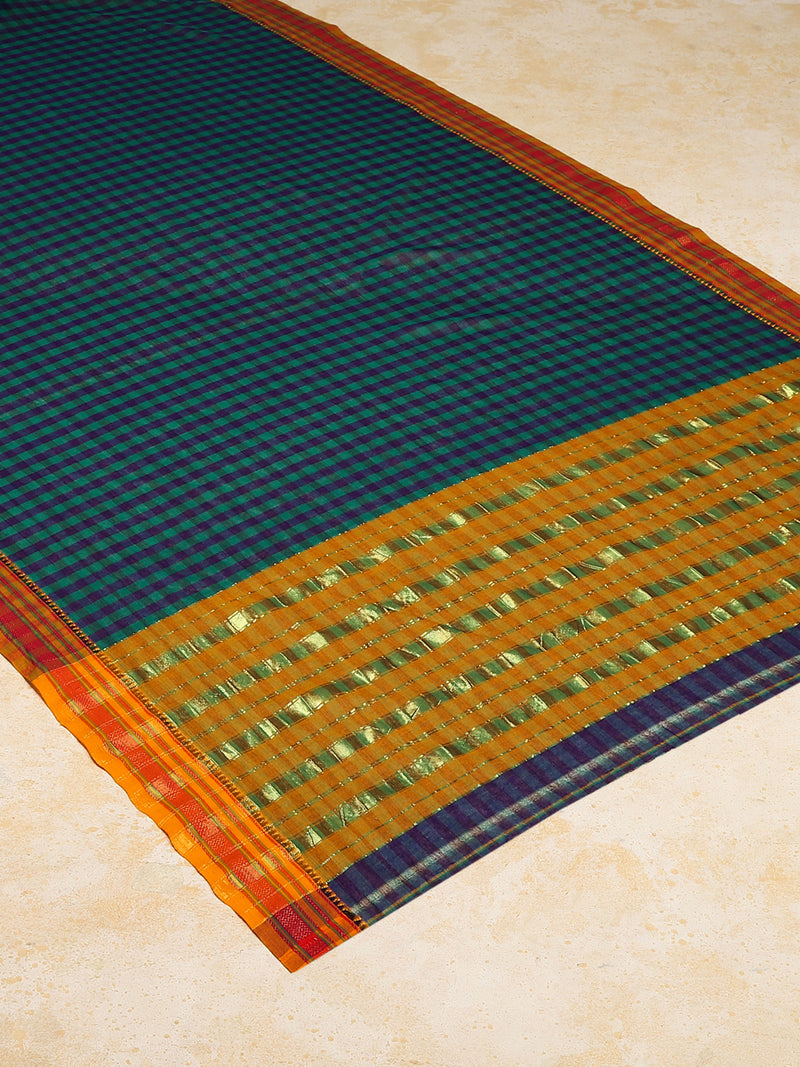 Forest Green Check Cotton Silk Kanchi Chettinad Saree With Zari Border-Binks