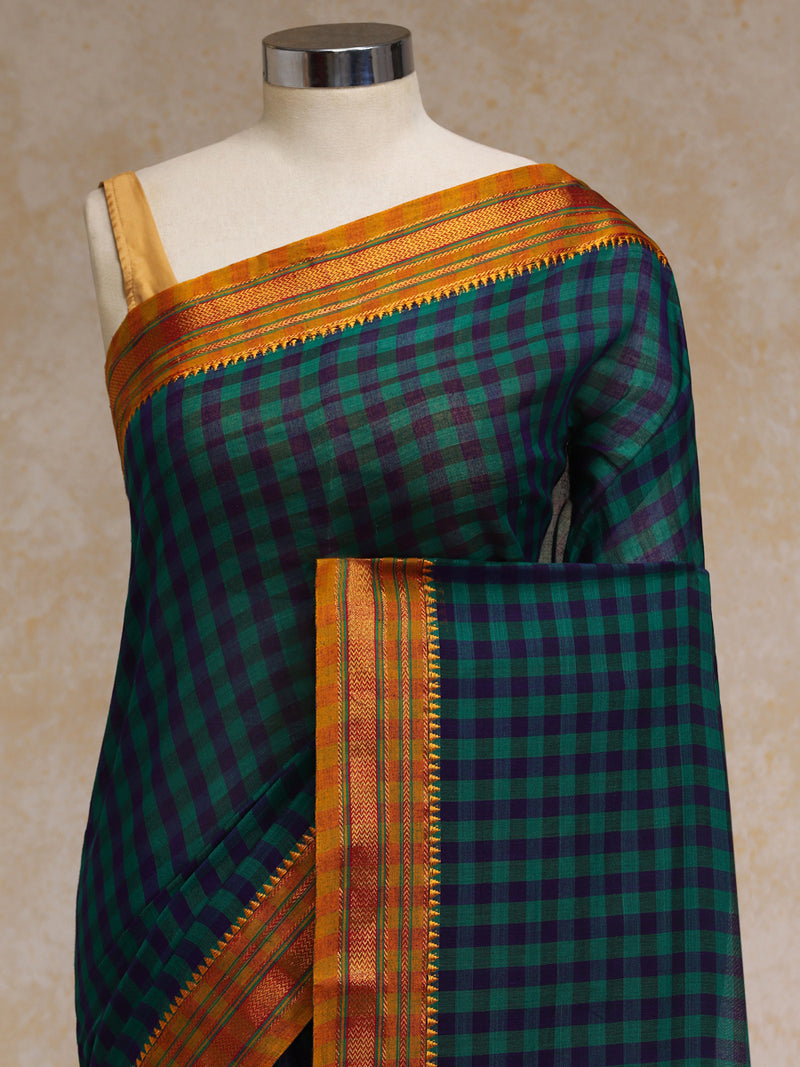 Forest Green Check Cotton Silk Kanchi Chettinad Saree With Zari Border-Binks