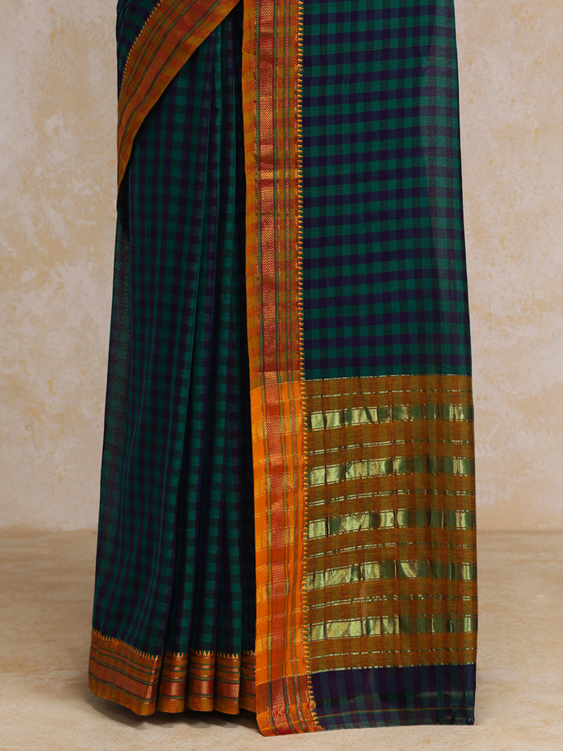 Forest Green Check Cotton Silk Kanchi Chettinad Saree With Zari Border-Binks