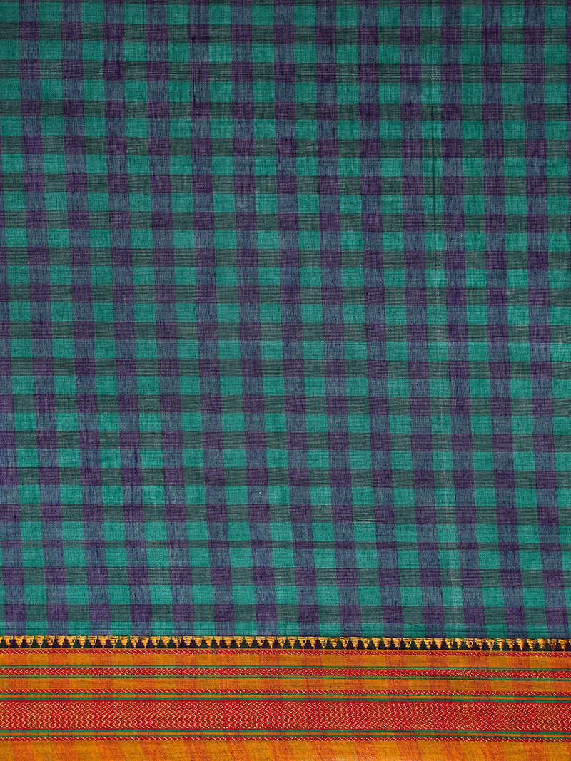Forest Green Check Cotton Silk Kanchi Chettinad Saree With Zari Border-Binks