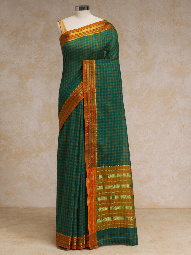 Emerald Green Check Cotton Silk Kanchi Chettinad Saree With Zari Border-Binks