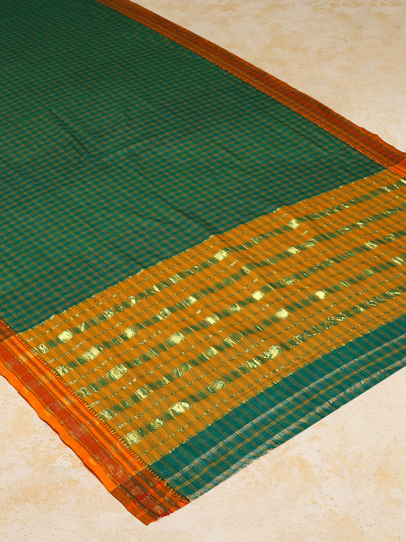Emerald Green Check Cotton Silk Kanchi Chettinad Saree With Zari Border-Binks