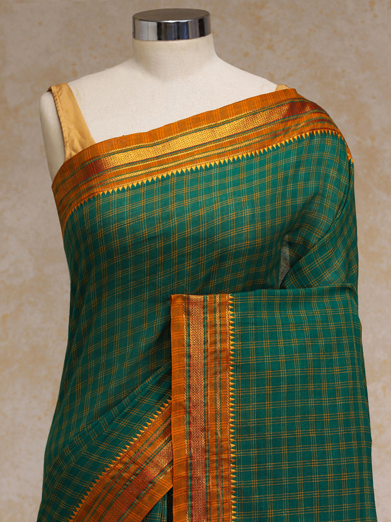 Emerald Green Check Cotton Silk Kanchi Chettinad Saree With Zari Border-Binks