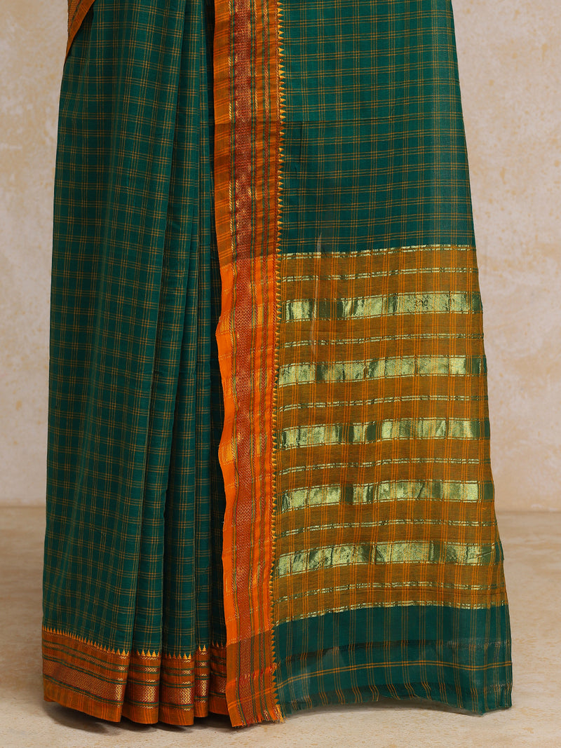 Emerald Green Check Cotton Silk Kanchi Chettinad Saree With Zari Border-Binks