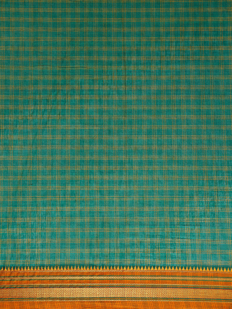 Emerald Green Check Cotton Silk Kanchi Chettinad Saree With Zari Border-Binks