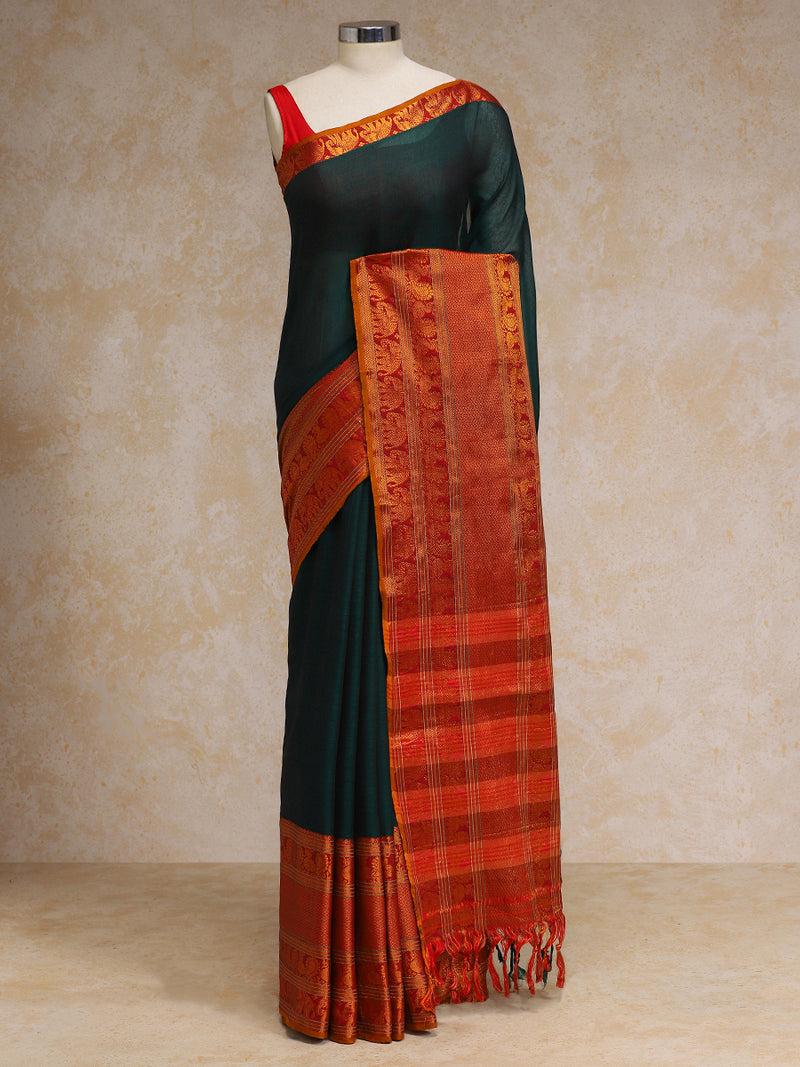 Bottle Green Big Border Handloom Cotton Narayanpet Saree-Binks